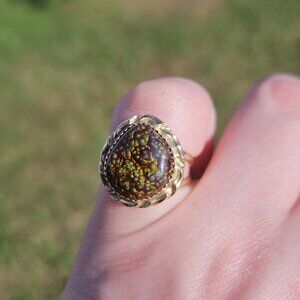 14K Yellow Gold Fire Agate Stone Cocktail Flower Style Ring 13x11mm Size 6